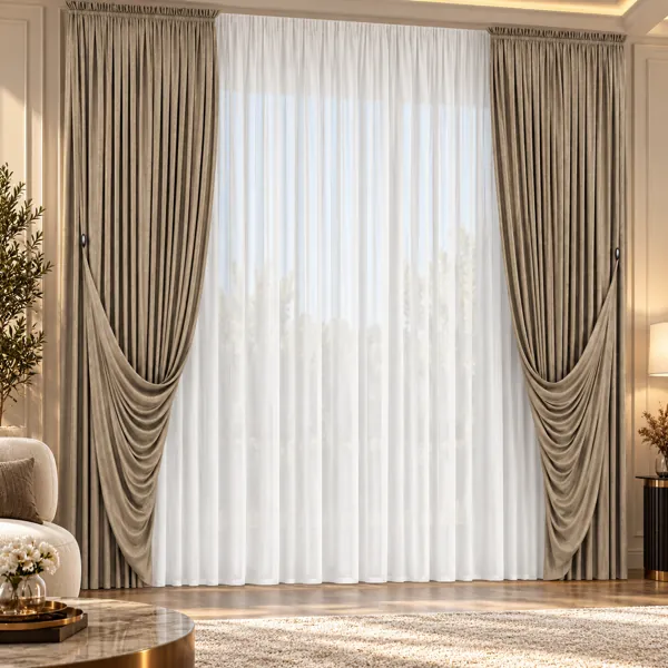 Beige Draped Sheer Curtain 3D Model back