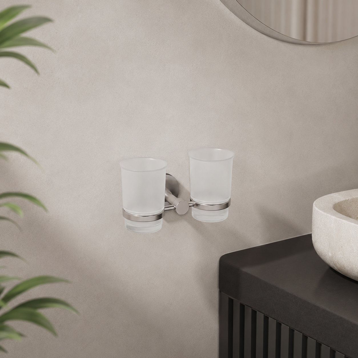 Double Frosted Glass Bathroom Tumbler – Brushed Metal Wall Mount 3D Model 2