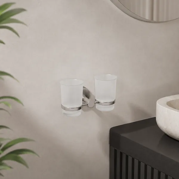 Double Frosted Glass Bathroom Tumbler – Brushed Metal Wall Mount 3D Model back