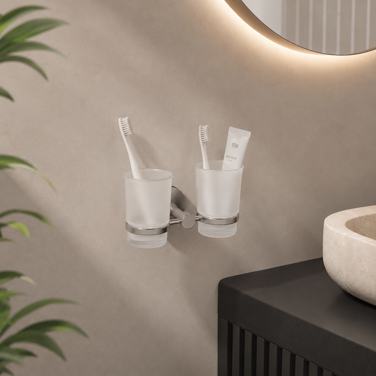 Double Frosted Glass Bathroom Tumbler – Brushed Metal Wall Mount 3D Model 3