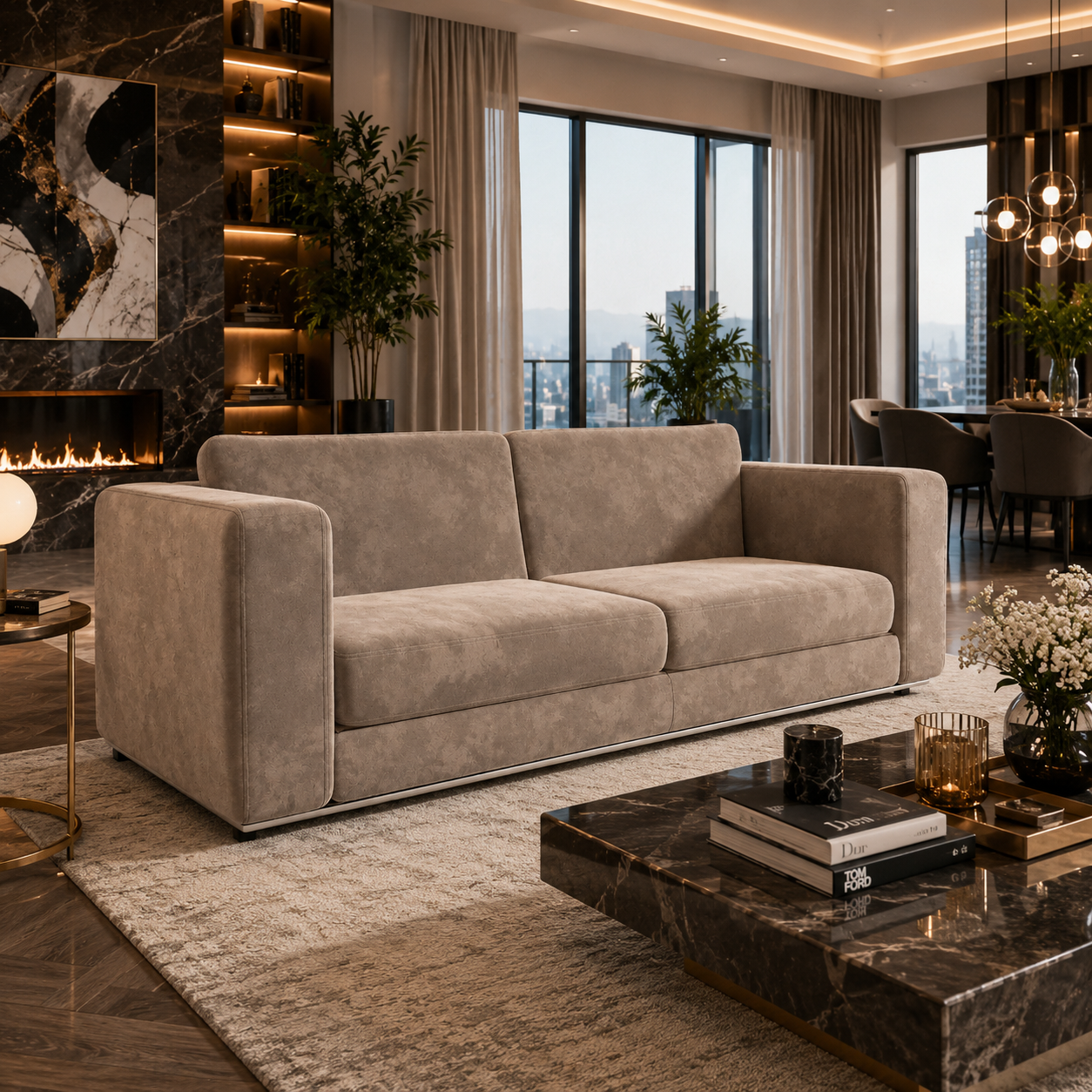 Warm Taupe Sofa – Slim Silver Metal Base 3D Model 2