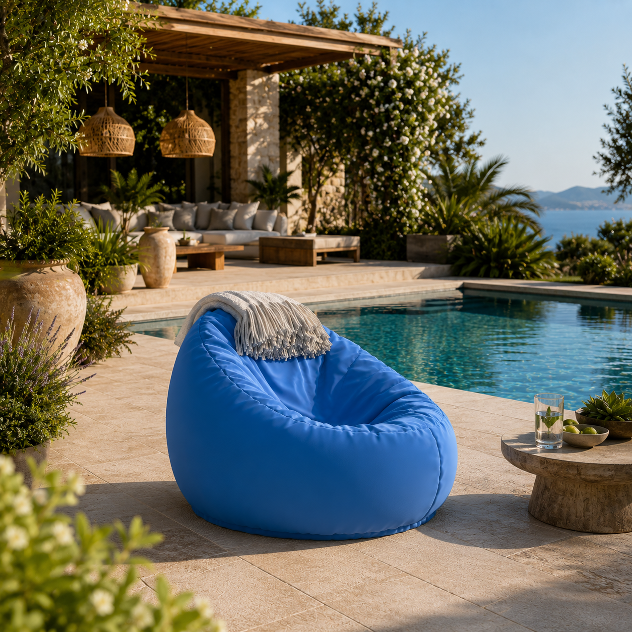 Blue Bean Bag Chair – Deep Cocoon Seat with Beige Throw 3D Model 4