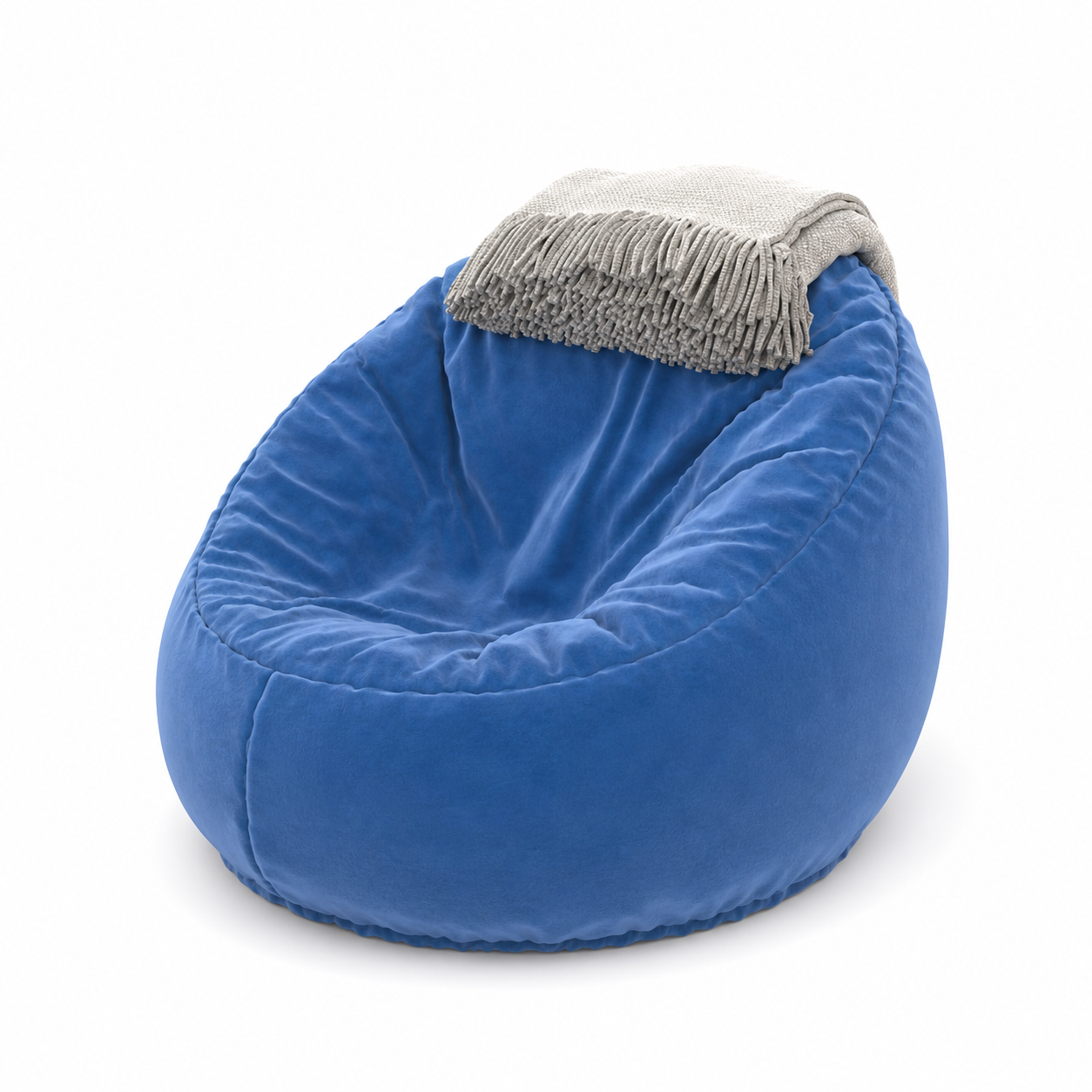 Blue Bean Bag Chair – Deep Cocoon Seat with Beige Throw 3D Model 3