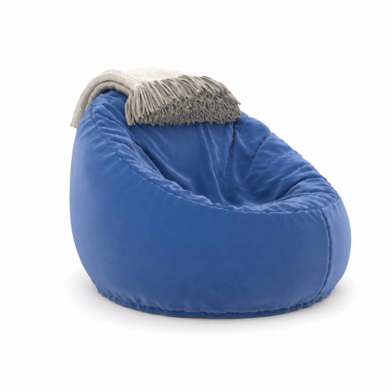 Blue Bean Bag Chair – Deep Cocoon Seat with Beige Throw 3D Model 1