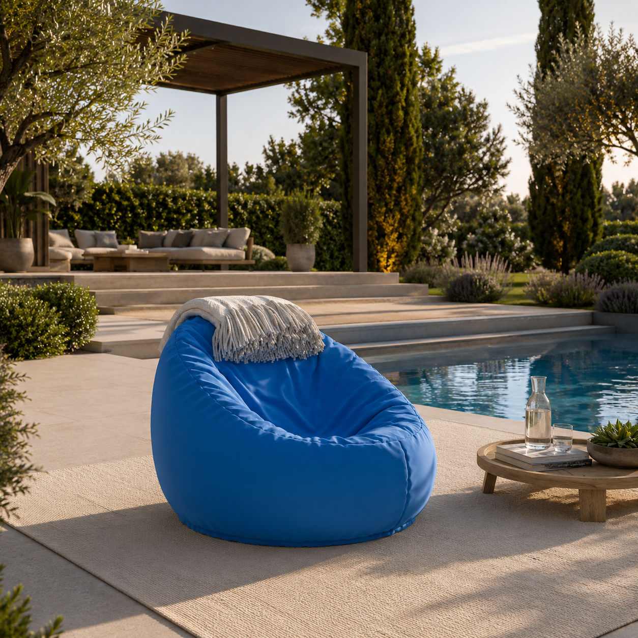 Blue Bean Bag Chair – Deep Cocoon Seat with Beige Throw 3D Model 2