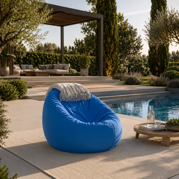 Blue Bean Bag Chair – Deep Cocoon Seat with Beige Throw 3D Model back