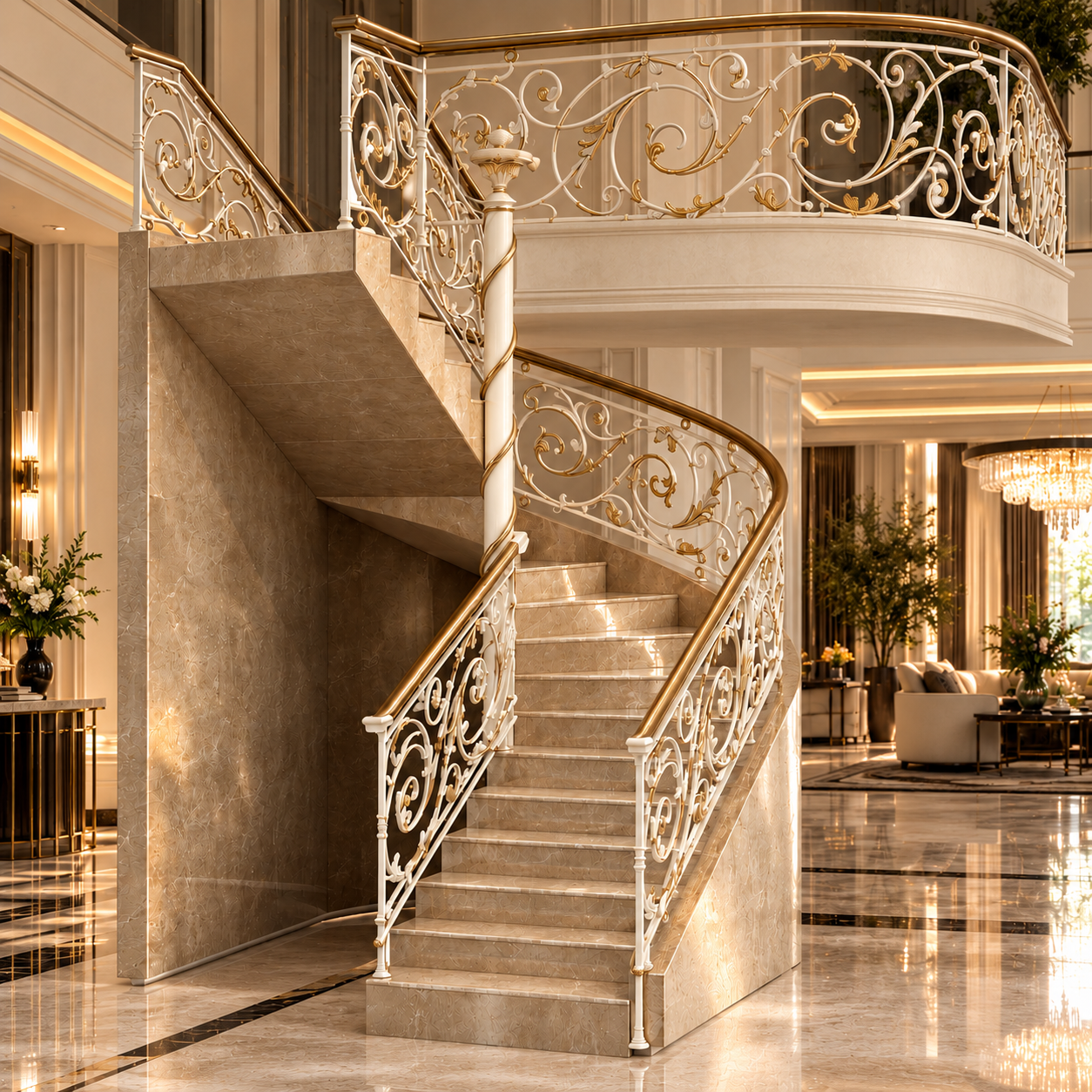 Beige Marble Ornate Curved Staircase 3D Model 2