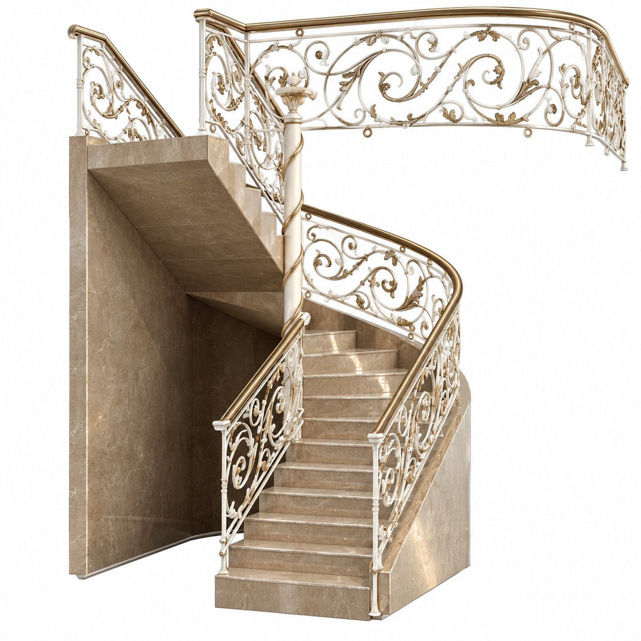 Beige Marble Ornate Curved Staircase 3D Model 1