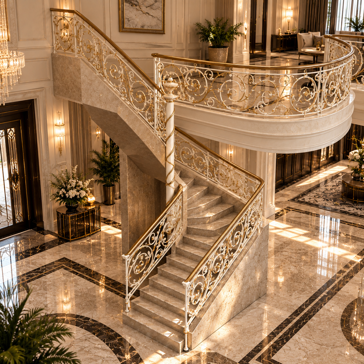 Beige Marble Ornate Curved Staircase 3D Model 3