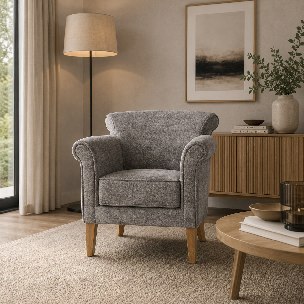 Light Gray Fabric Armchair with Wooden Legs 3D Model 2