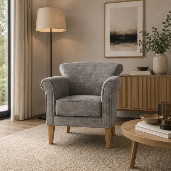 Light Gray Fabric Armchair with Wooden Legs 3D Model back