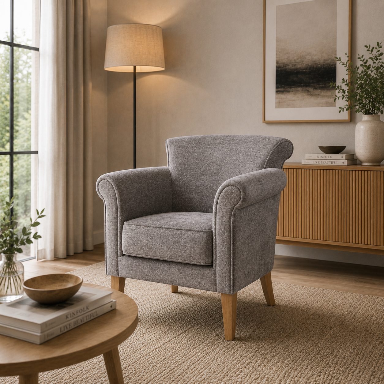 Light Gray Fabric Armchair with Wooden Legs 3D Model 4