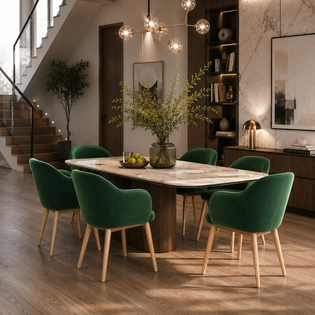 Forest Green Velvet Chair with Curved Back 3D Model 4