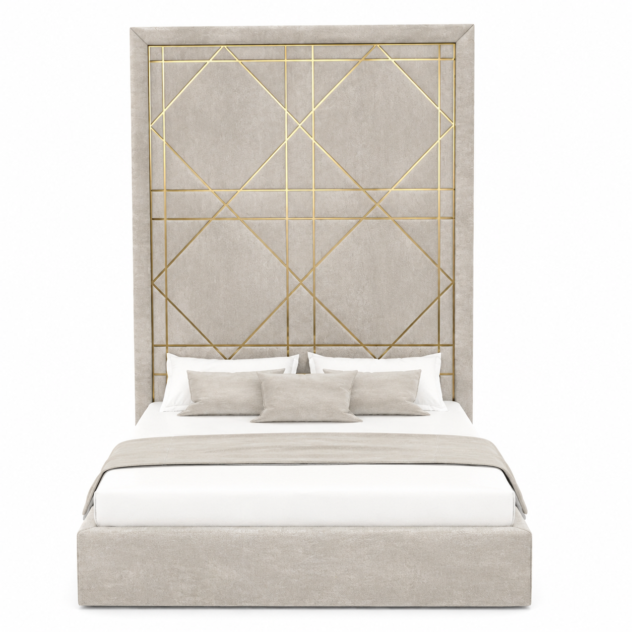 Grid Headboard Ivory Upholstered Bed 3D Model 3