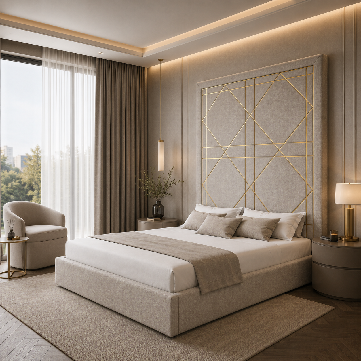 Grid Headboard Ivory Upholstered Bed 3D Model 2