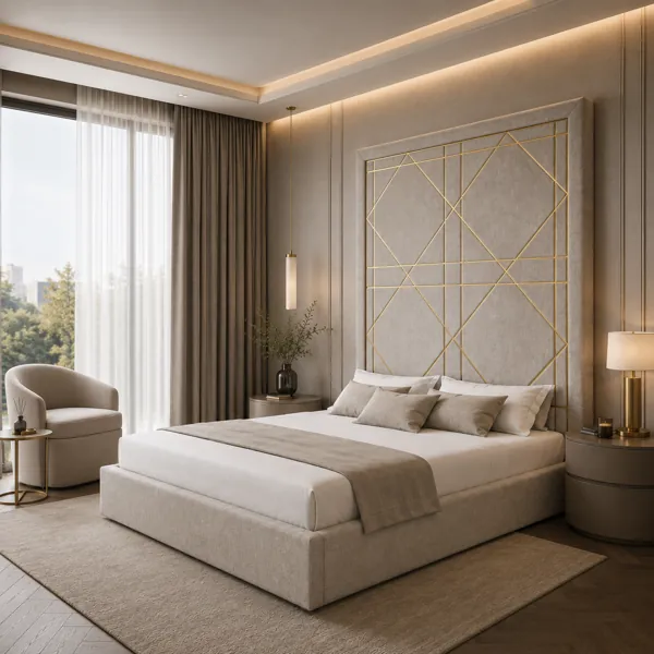 Grid Headboard Ivory Upholstered Bed 3D Model back