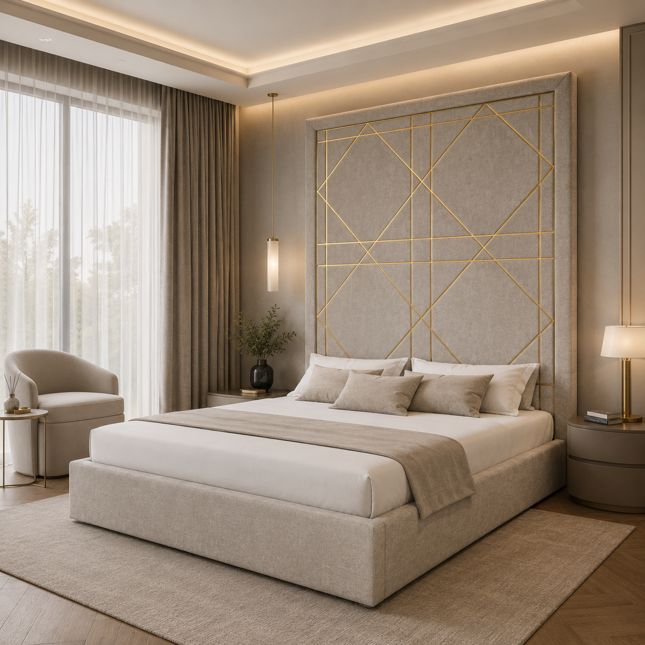 Grid Headboard Ivory Upholstered Bed 3D Model 4
