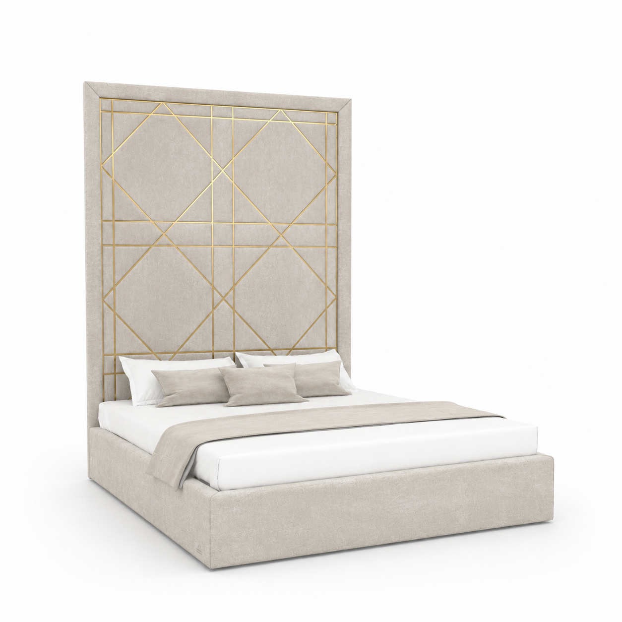 Grid Headboard Ivory Upholstered Bed 3D Model 1