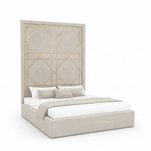 Grid Headboard Ivory Upholstered Bed 3D Model