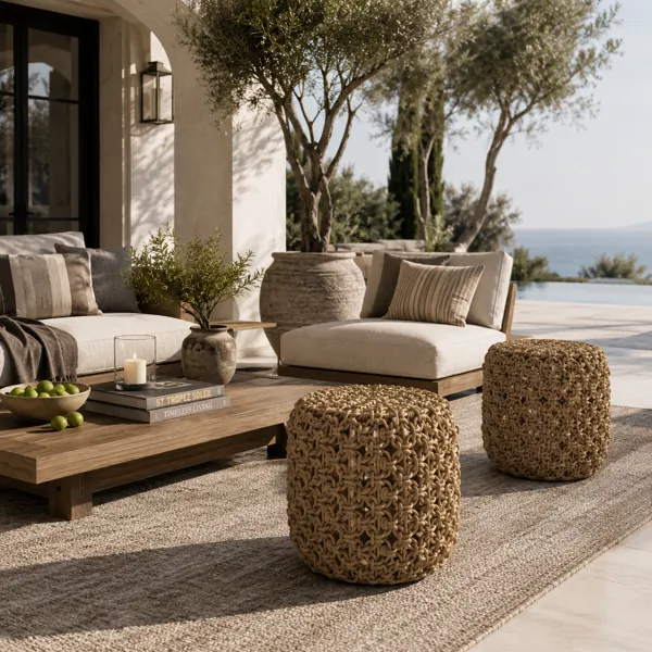 Natural Brown Open-Weave Wicker Stool 3D Model back
