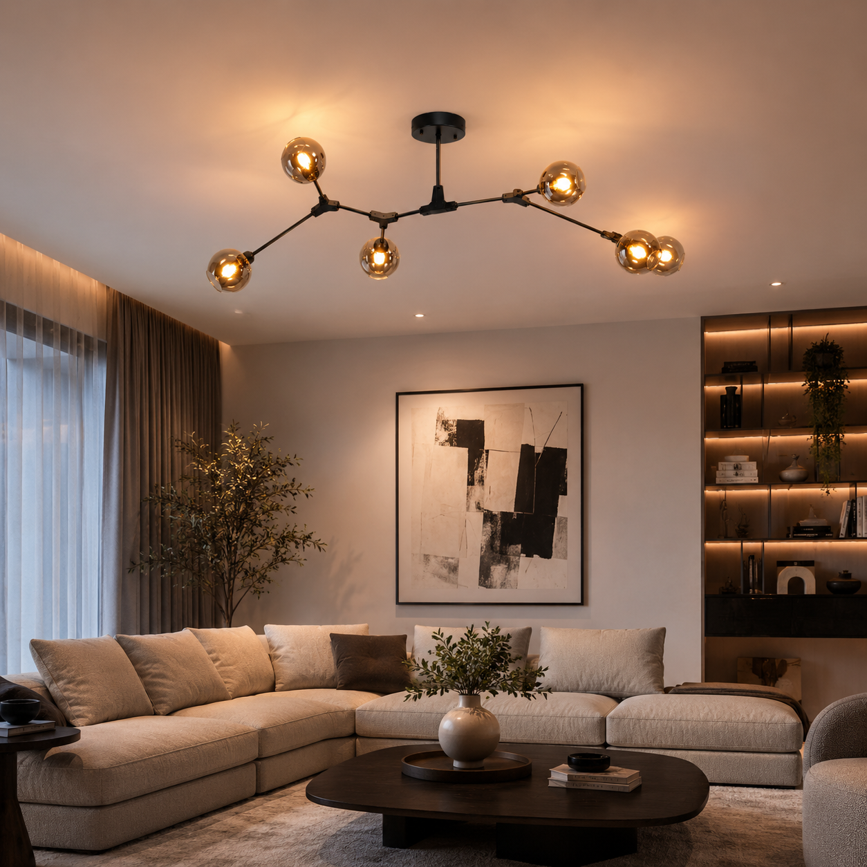 Black Branch Chandelier – 6 Smoked Glass Globes 3D Model 3