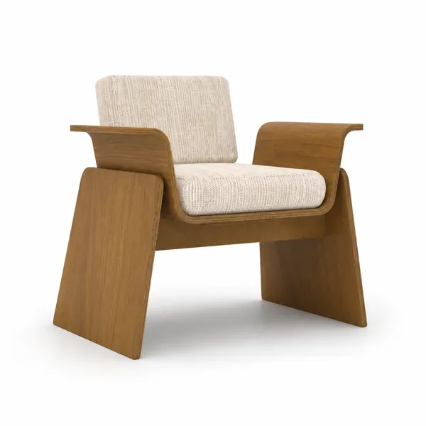 Warm Brown Bent-Wood Armchair – Cream Woven Cushions 3D Model