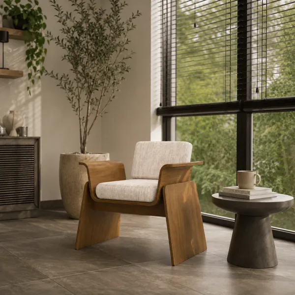 Warm Brown Bent-Wood Armchair – Cream Woven Cushions 3D Model back