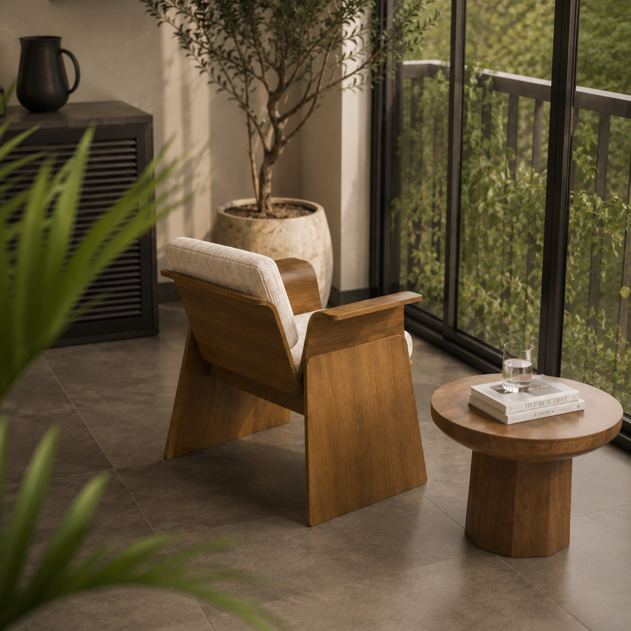 Warm Brown Bent-Wood Armchair – Cream Woven Cushions 3D Model 3