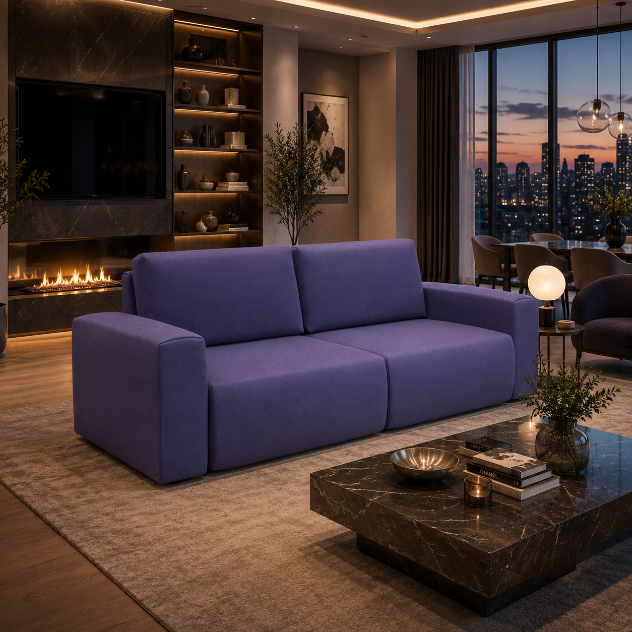 Lavender Fabric Two-Seat Sofa – Wide Arms 3D Model 2
