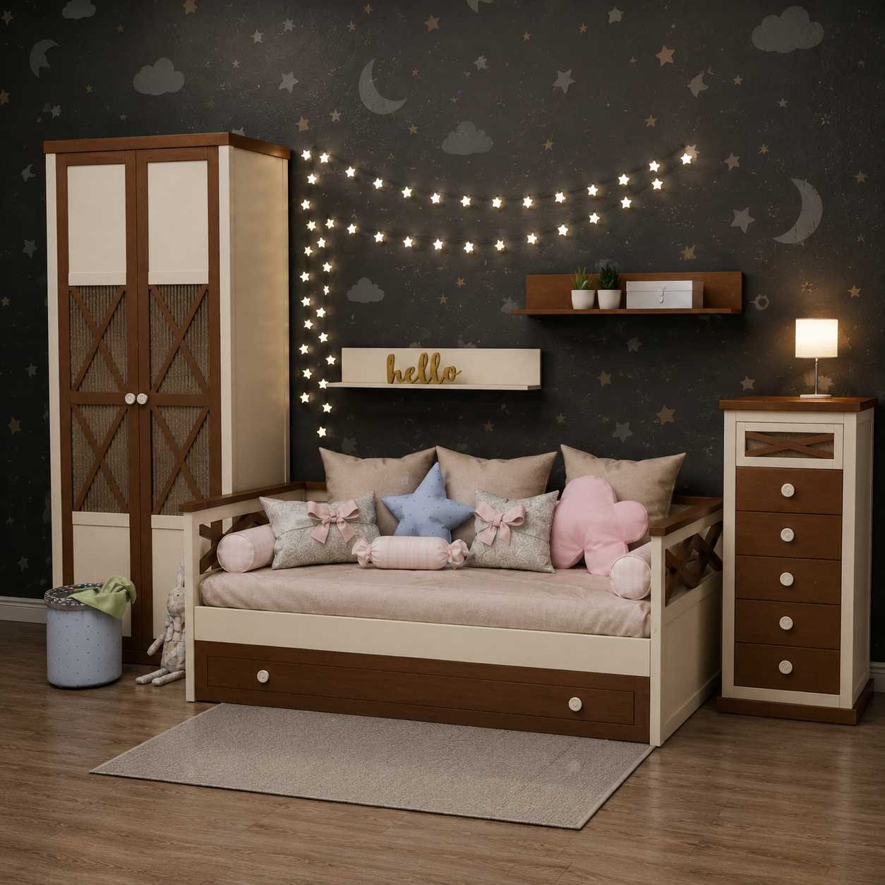 Modern Kids Furniture Set – Cream & Walnut Cross-Panel Design 3D Model 3