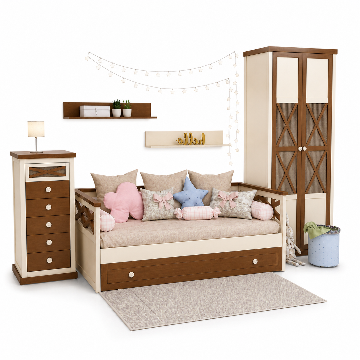 Modern Kids Furniture Set – Cream & Walnut Cross-Panel Design 3D Model