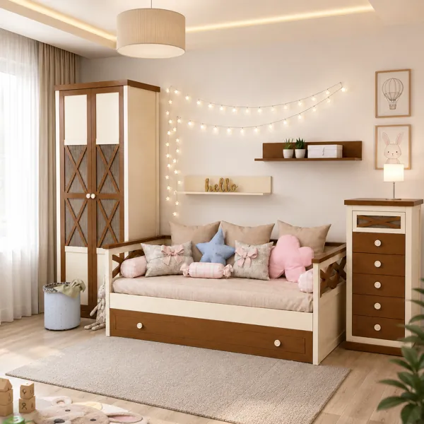 Modern Kids Furniture Set – Cream & Walnut Cross-Panel Design 3D Model back