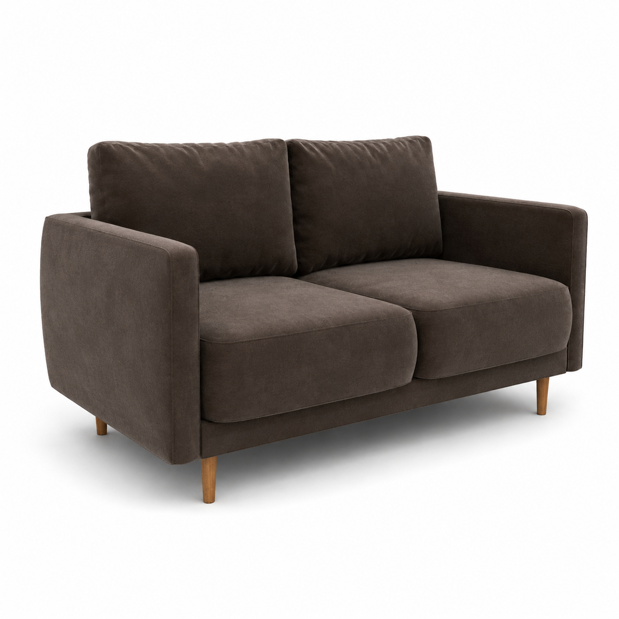 Dark Brown Velvet Loveseat – Slim Wood Legs 3D Model 1