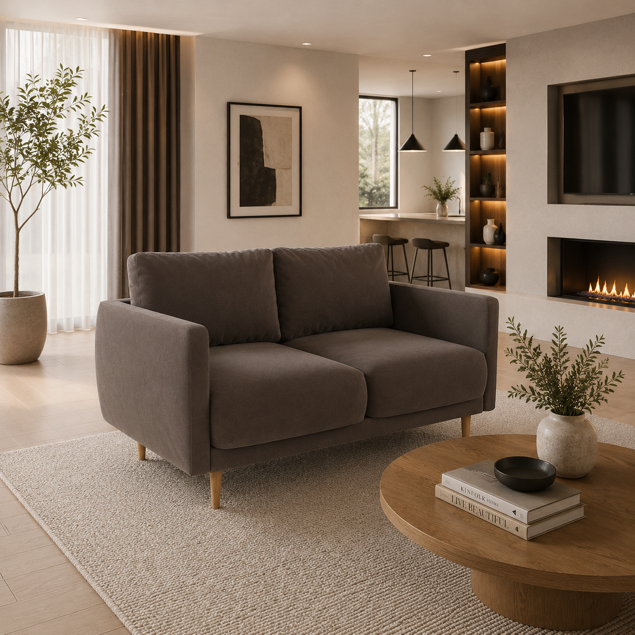Dark Brown Velvet Loveseat – Slim Wood Legs 3D Model 2