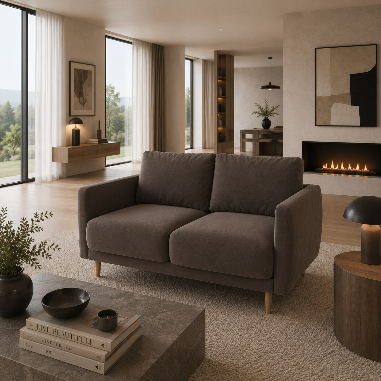 Dark Brown Velvet Loveseat – Slim Wood Legs 3D Model 4