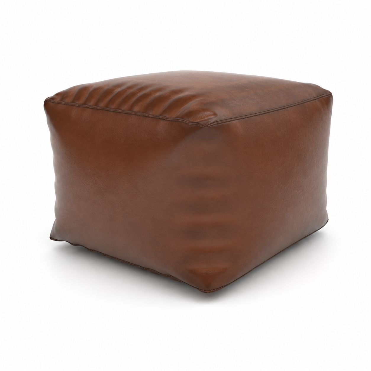 Cognac Brown Leather Cube Pouf – Relaxed Creases 3D Model 3
