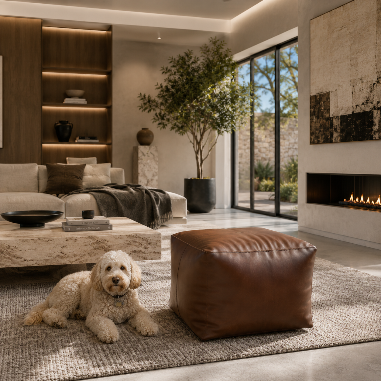 Cognac Brown Leather Cube Pouf – Relaxed Creases 3D Model 4