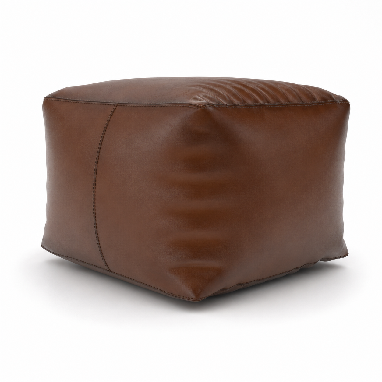 Cognac Brown Leather Cube Pouf – Relaxed Creases 3D Model 1