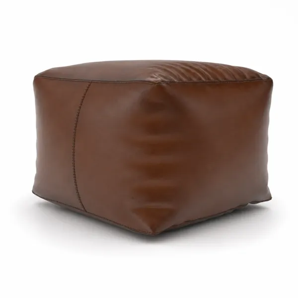 Cognac Brown Leather Cube Pouf – Relaxed Creases 3D Model
