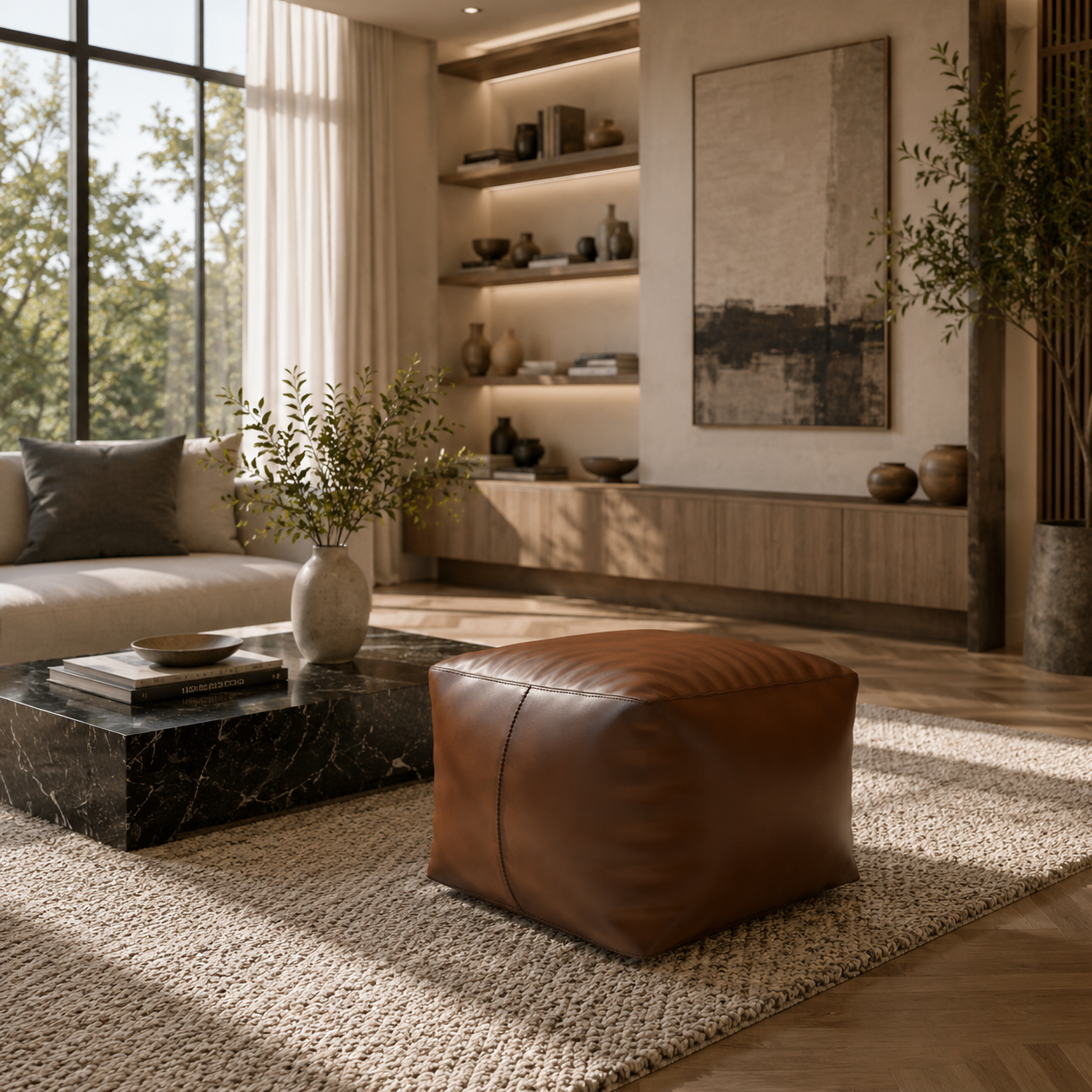 Cognac Brown Leather Cube Pouf – Relaxed Creases 3D Model 2