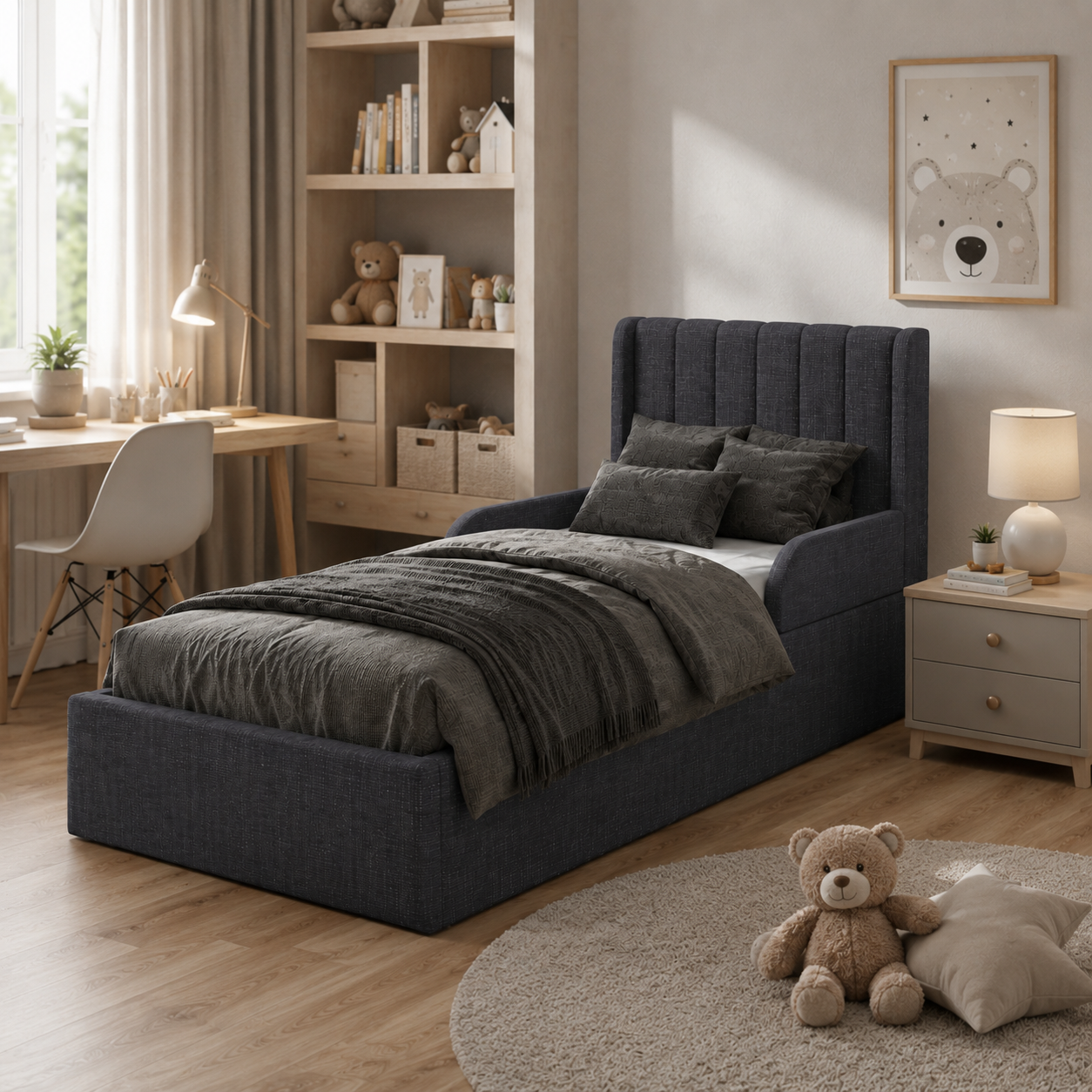 Charcoal Upholstered Bed – Vertical Channel Wingback Headboard 3D Model 3