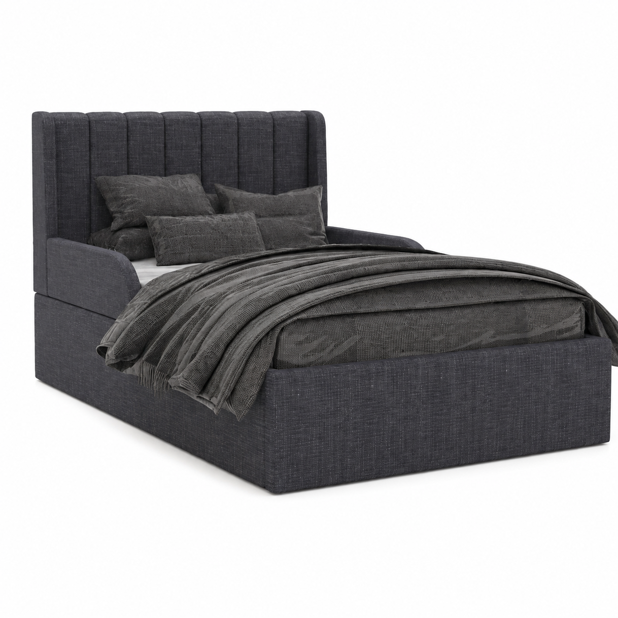 Charcoal Upholstered Bed – Vertical Channel Wingback Headboard 3D Model