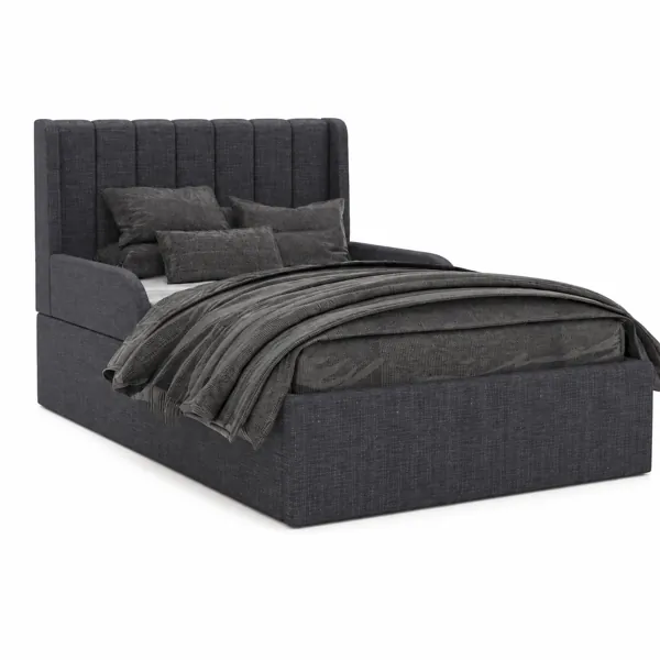 Charcoal Upholstered Bed – Vertical Channel Wingback Headboard 3D Model