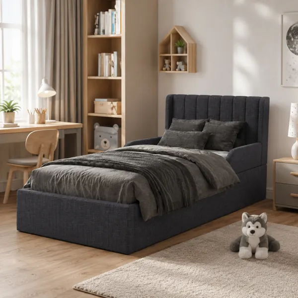 Charcoal Upholstered Bed – Vertical Channel Wingback Headboard 3D Model back