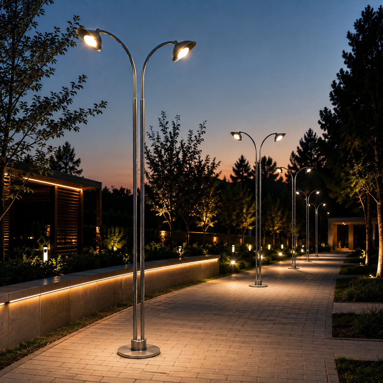Silver Twin-Arc Street Light – Black Bell Shades 3D Model 3