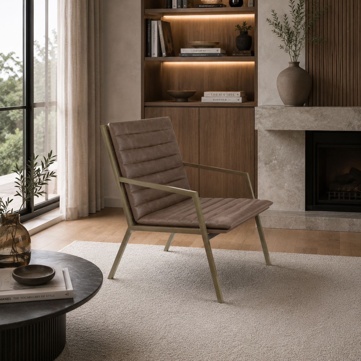 Taupe Channel-Padded Armchair – Olive Metal Frame 3D Model 3