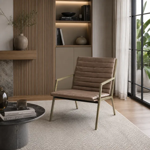 Taupe Channel-Padded Armchair – Olive Metal Frame 3D Model back