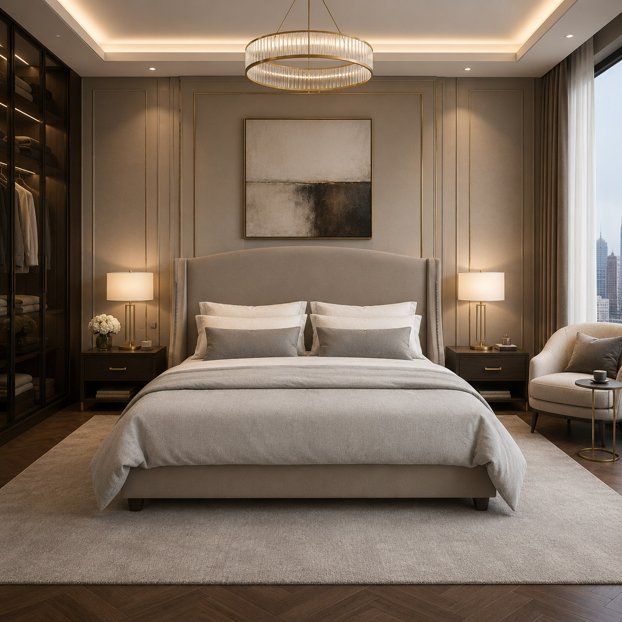 Taupe Wingback Bed with Arched Upholstered Headboard 3D Model 4