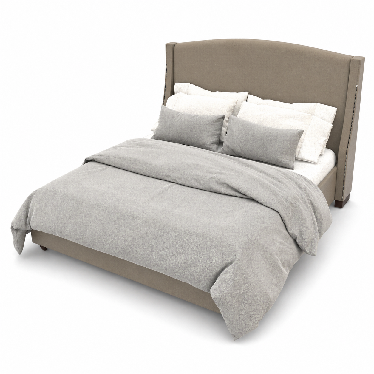 Taupe Wingback Bed with Arched Upholstered Headboard 3D Model 3