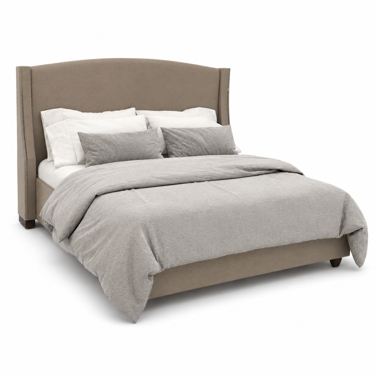 Taupe Wingback Bed with Arched Upholstered Headboard 3D Model 1